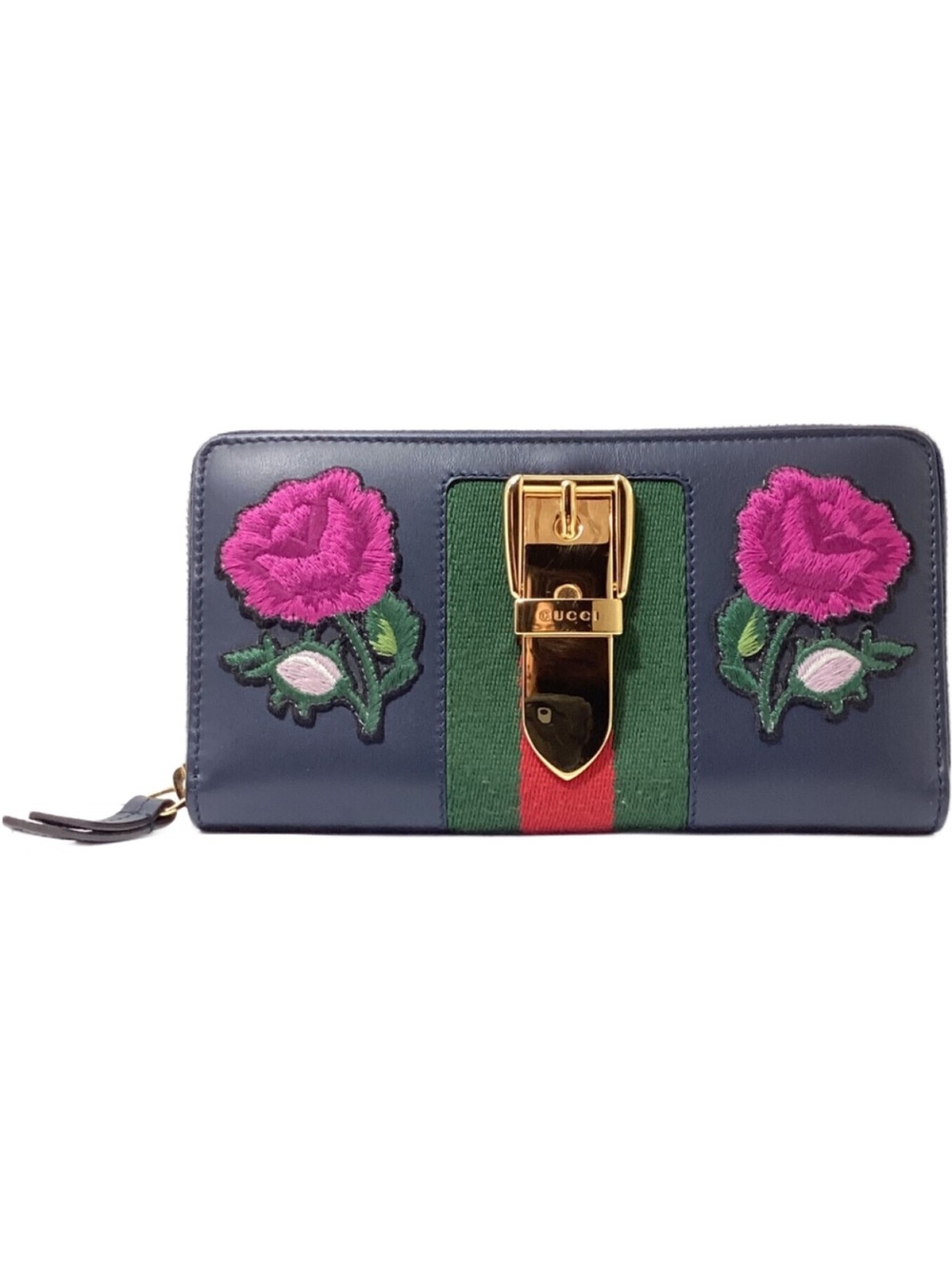 RARE Gucci Sylvie Embroidery Long Wallet Navy Gold Hardware